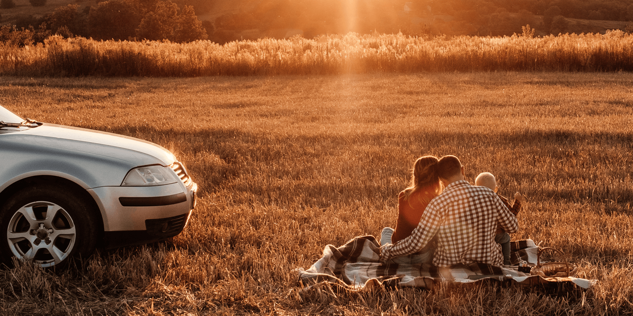 Family sitting next to their vehicle having a picnic in grass field.